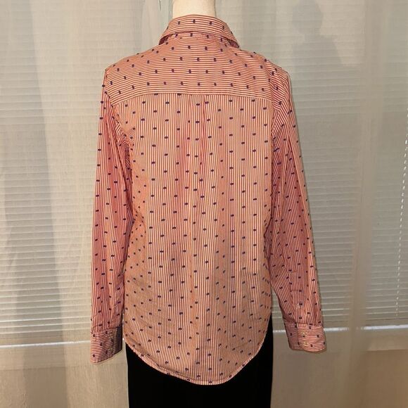 GAP M White Red Vertical Stripes Blue Swiss Dot Americana Fitted Boyfriend Shirt - Picture 3 of 14